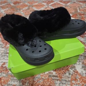 Black Faux-Fur Clog Slides for Women